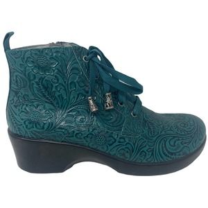 Alegria PG Lite Eliza Ankle Boots Size 40 Embossed Teal Leather Wedge Side Zip